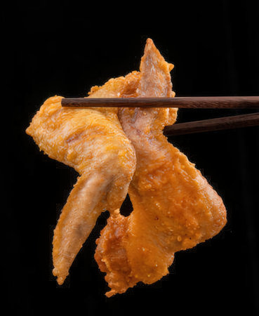 Fried chicken wings with chopsticks on a black background, close-upの写真素材