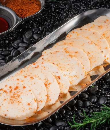 Slices of chicken fillet with spices on a black backgroundの写真素材