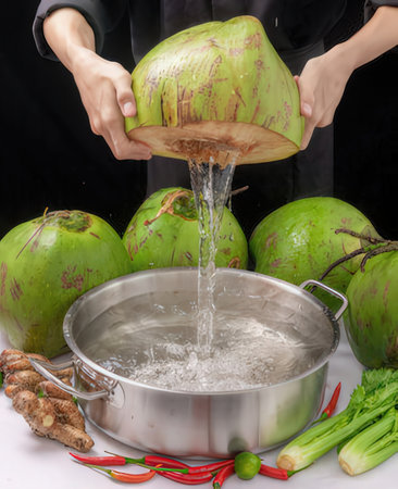 Coconut juice being poured into a potの写真素材