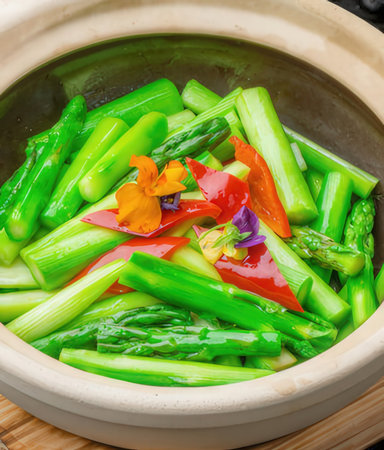 Asparagus and red bell pepper stir fried in a clay potの写真素材