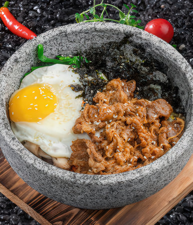 Rice with pork and fried egg in a bowl on wooden backgroundの写真素材