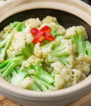 Boiled cauliflower with pepper in a pot on a wooden tableの写真素材