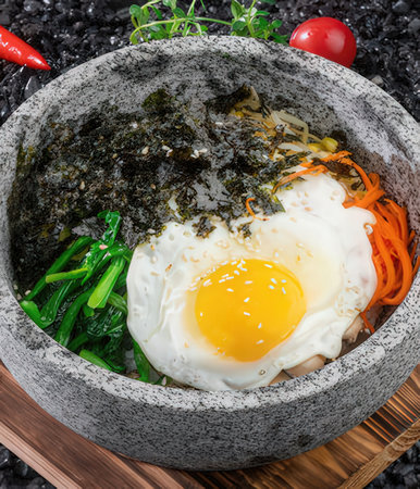 Bibimbap with egg and seaweedの写真素材