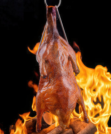 Roast duck on a spit on a black background with flames.の写真素材
