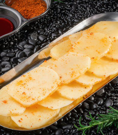 Sliced potatoes with spices and herbs in a metal tray.の写真素材