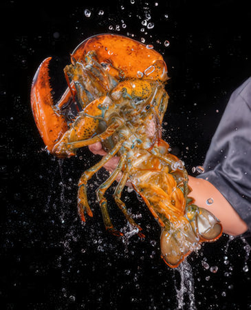 Lobster in the hands of a woman on a black backgroundの写真素材
