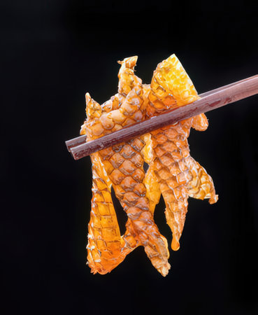 Honeycomb and chopsticks on a black background, close upの写真素材