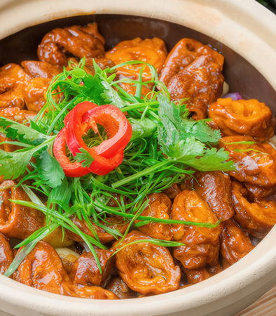 chinese food, sweet and sour pork with herbs in a potの写真素材