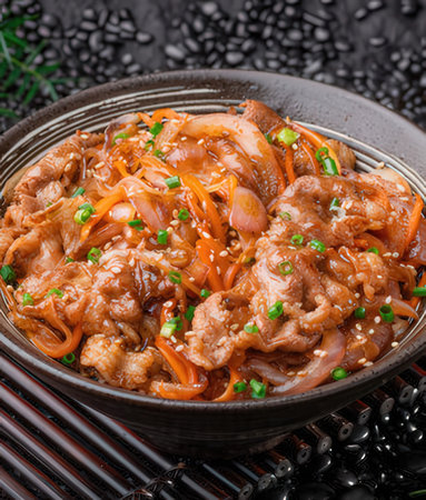 Korean food Stir-fried pork with vegetables and sesame seedsの写真素材
