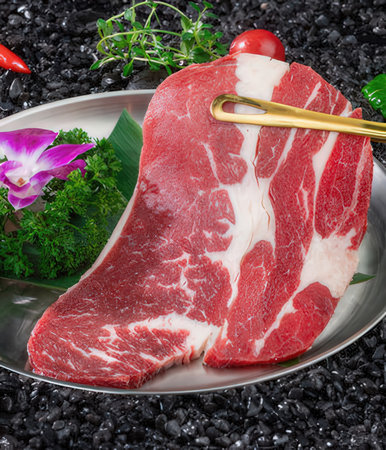 Raw fresh beef steak with herbs and spices on a black stone backgroundの写真素材