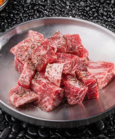 Raw beef sliced on a metal plate on black pebbles backgroundの写真素材