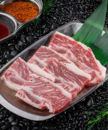 Raw fresh sliced beef with ingredients for japanese food, selective focusの写真素材