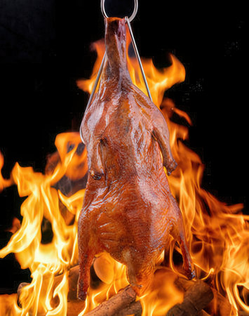 Roast duck on a spit over a fire on a black backgroundの写真素材