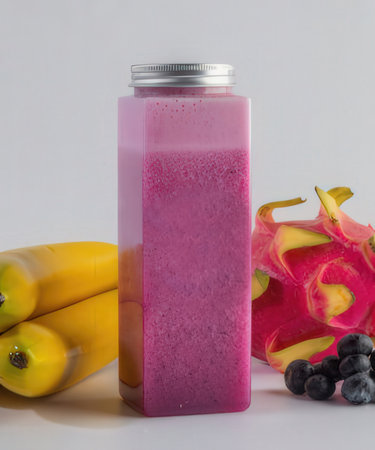 dragon fruit smoothie in a bottle on a white background with fruitsの写真素材