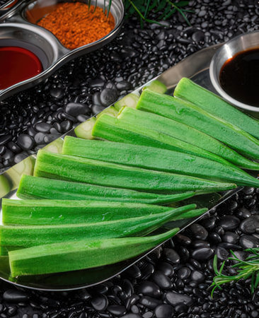 slices of fresh okra on black pebblesの写真素材