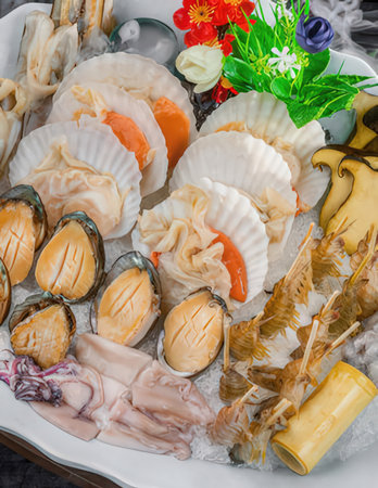 Seafood platter on a buffet table in a restaurant.の写真素材