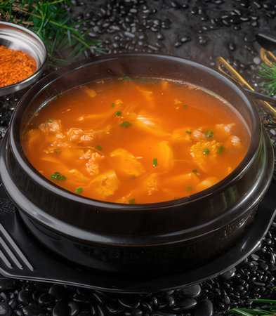 Vegetable soup in a bowl on a black background. Selective focus.の写真素材