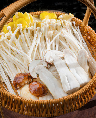 Basket of mushrooms and shimeji mushrooms on a black backgroundの写真素材