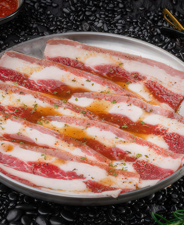 Raw fresh sliced bacon with spices and herbs on black stone background.の写真素材