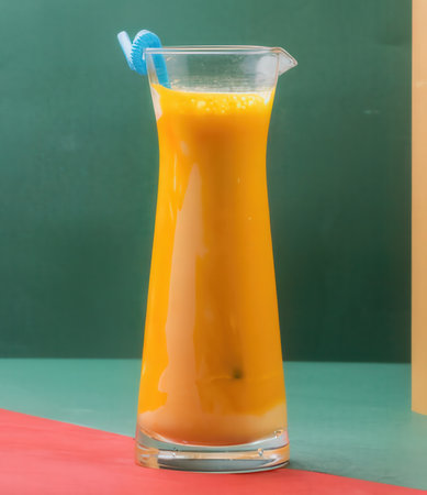 A glass of fresh orange juice with a straw on a green backgroundの写真素材