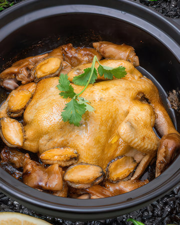 Roast chicken with mussels in the black pot on wooden tableの写真素材