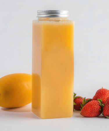 Orange juice in a bottle with strawberries on a white backgroundの写真素材