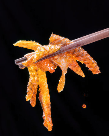 chopsticks dipped in soy sauce, isolated on a black backgroundの写真素材