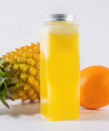 Pineapple and orange juice in a bottle on a white backgroundの写真素材