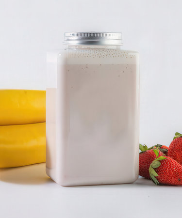 Milk in a plastic bottle and fresh strawberries on a white backgroundの写真素材