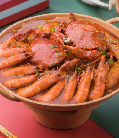 Seafood stewed with prawns in a clay potの写真素材
