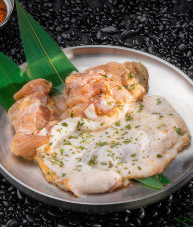chicken fillet with rice on black pebbles background.の写真素材