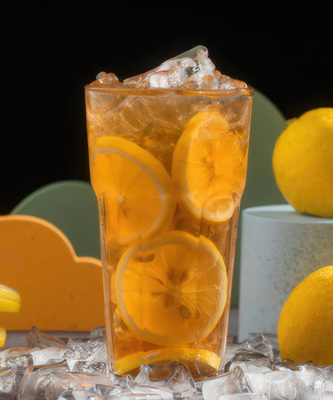 Lemon iced tea with lemon slices and ice cubes on black backgroundの写真素材