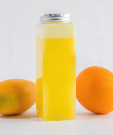 Orange juice in a plastic bottle with orange fruit on white background.の写真素材