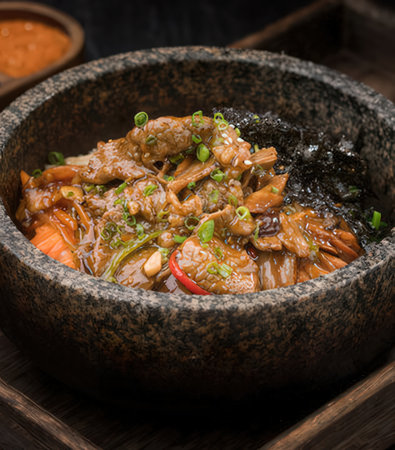 stir-fried pork with soy sauce and vegetables in a bowlの写真素材