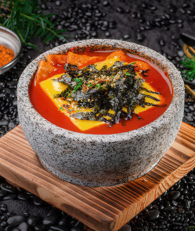 Soup with seaweed in ceramic bowl on black stone background.の写真素材