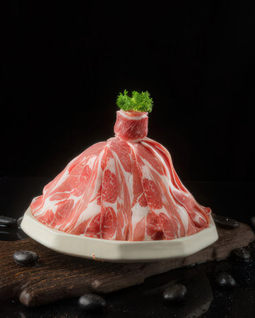 Raw pork neck on a black background.の写真素材