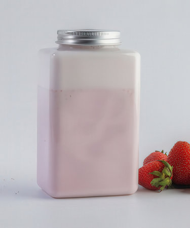 Strawberry milkshake in a glass jar on a white backgroundの写真素材