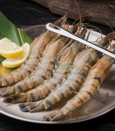 Raw tiger prawns with lemon on plate on black wooden backgroundの写真素材