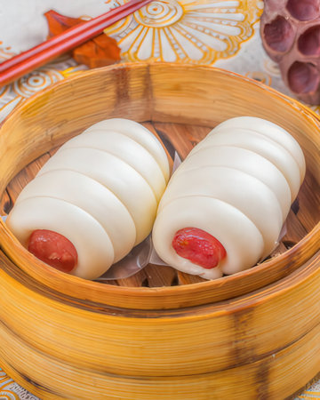 Chinese steamed dumpling dim sum in bamboo steamer.の写真素材