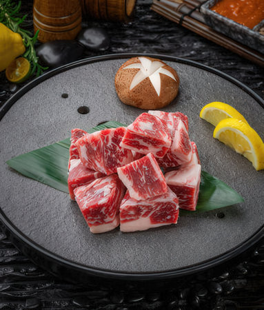 Raw fresh beef sirloin sliced on plate with lemon and herbsの写真素材