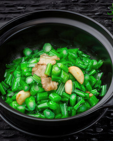 Stir-fried green beans with garlic in black bowl on black backgroundの写真素材