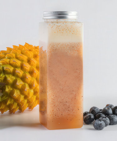 Pineapple smoothie in a bottle and fresh pineapple on white backgroundの写真素材