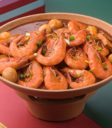 Bowl of cooked prawns with mushrooms on a red backgroundの写真素材
