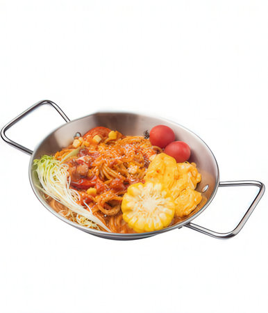 Spicy noodle with shrimp and vegetables on white background.の写真素材