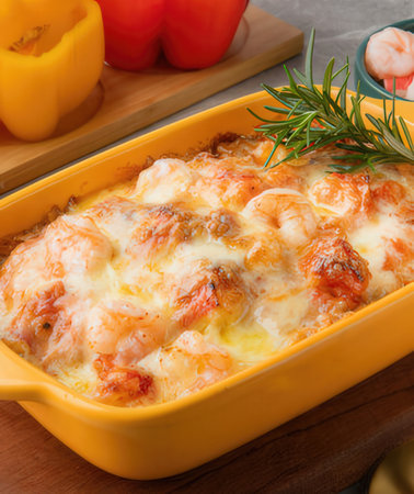 Casserole with shrimps and cheese in a baking dishの写真素材