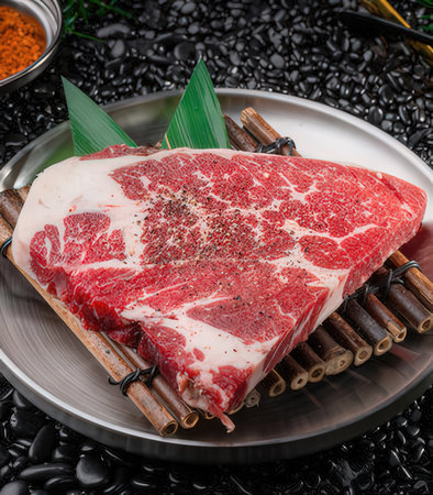 Raw beef on black background with ingredients for shabu shabuの写真素材