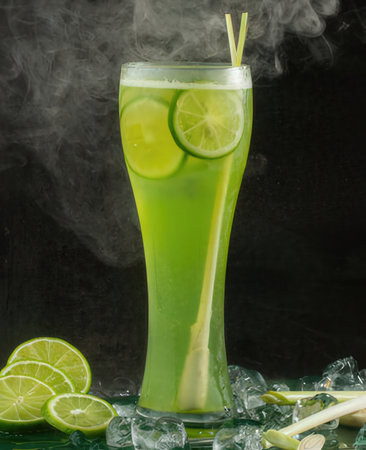 Green cocktail with lime and ice on a black background. Studio shot.の写真素材