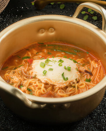 japanese noodle soup with egg on top in copper bowlの写真素材