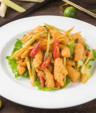 Thai food, Fried fish with spicy stir-fryの写真素材