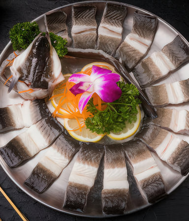 Sashimi with lemon and parsley as top view on a plateの写真素材